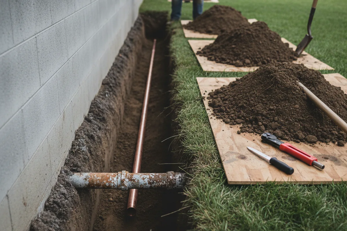 Excavated water line trench during Sewer Line Repair in Luthersville